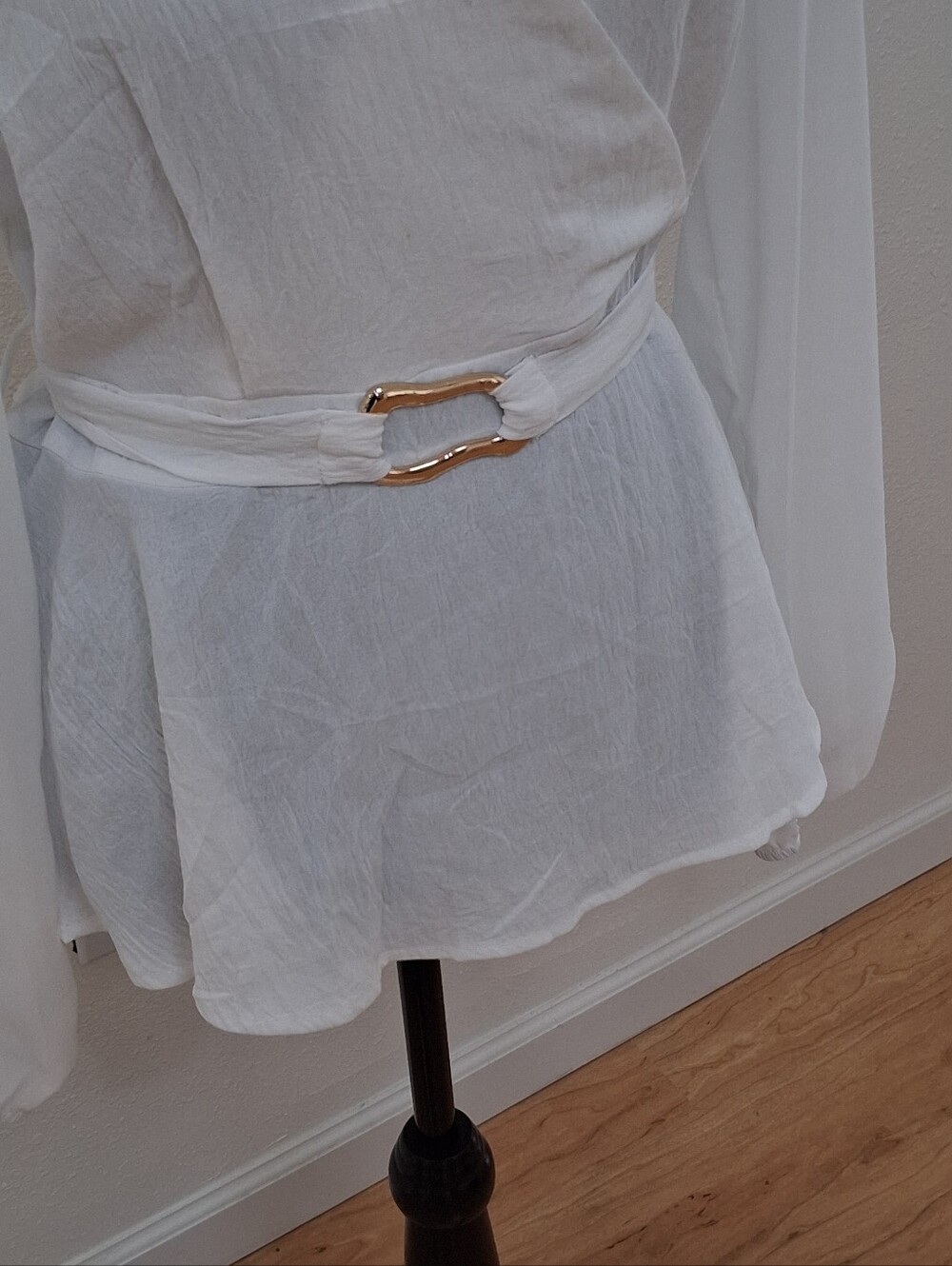 White Sheer Waist-Tie Blouse with Gold Buckle